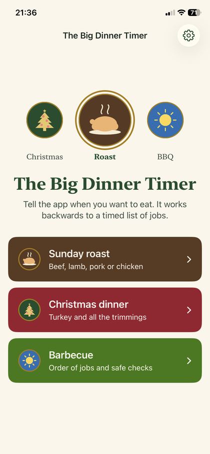 The Big Dinner Timer: choose Christmas, roast or BBQ